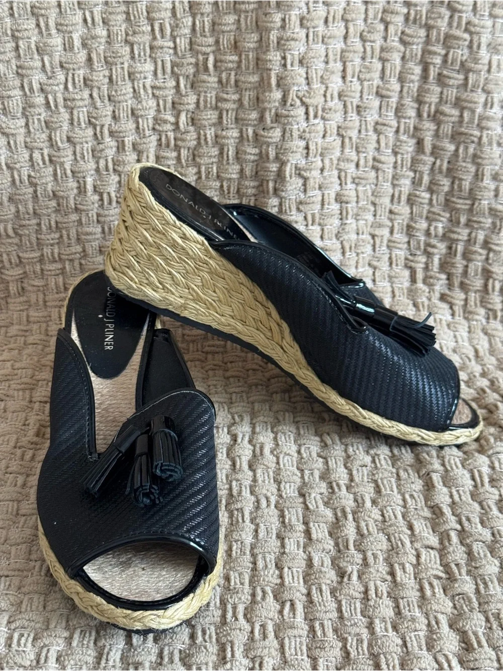 Donald J. Pliner Black Peep-Toe Wedge Espadrille with Tassel